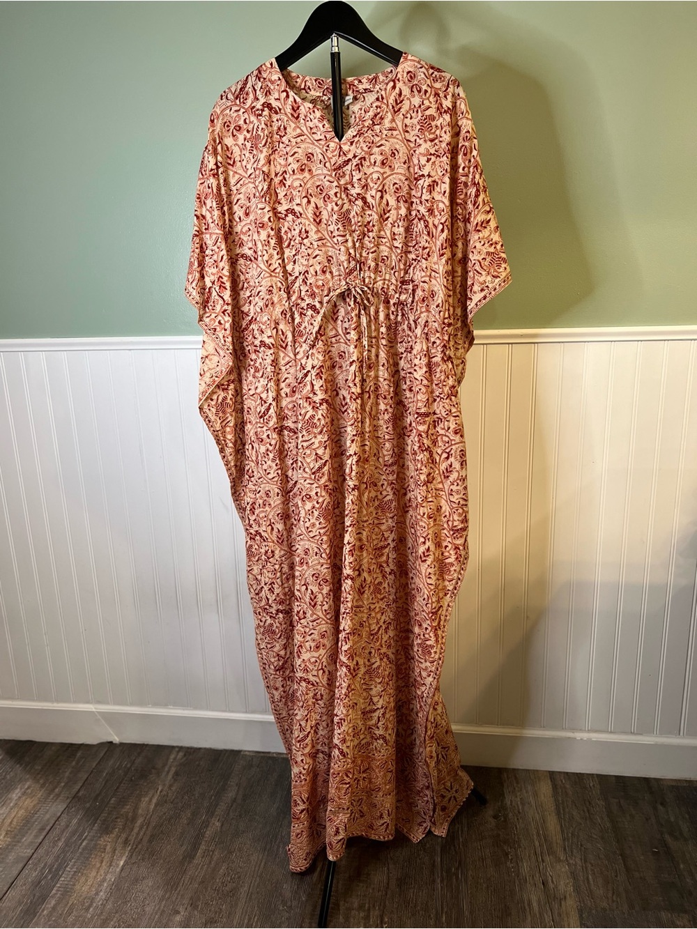 Boho Pink & Rust Floral Kaftan Maxi with Drawstring Waist. One Size